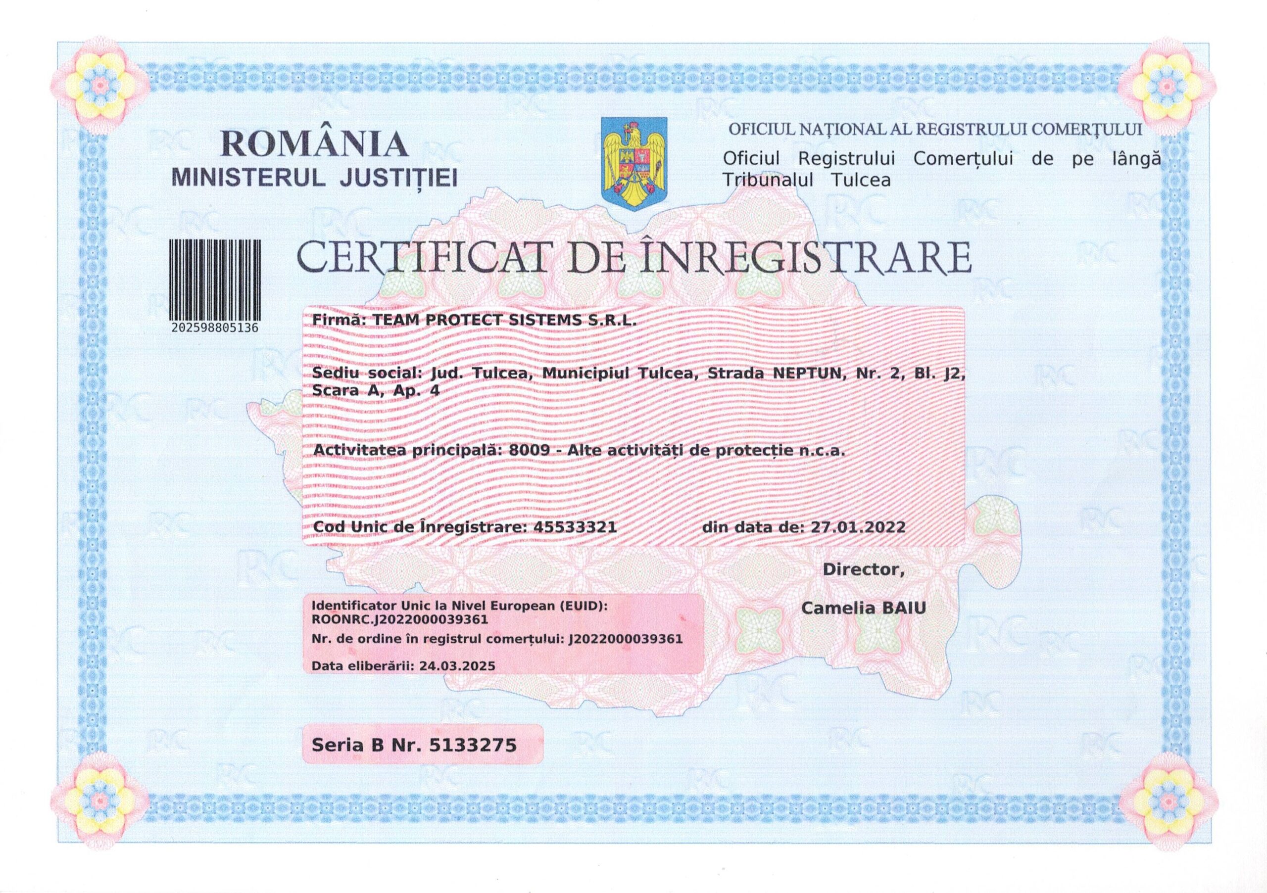 certificat inregistrare